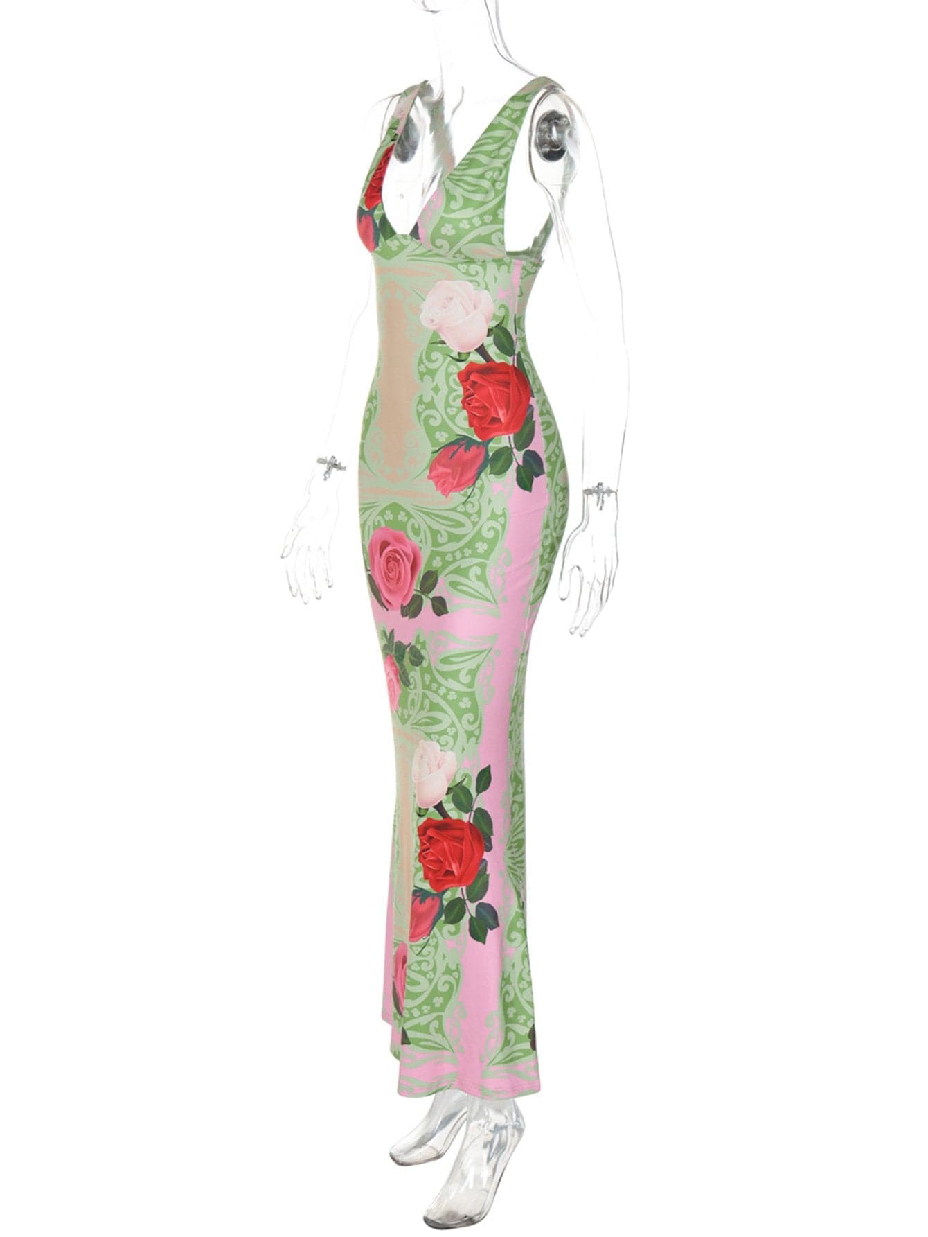 Flower print v neck cami maxi dress