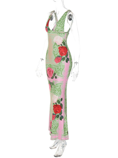 Flower print v neck cami maxi dress