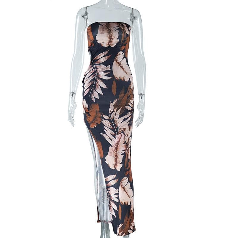 High slit print irregular tube maxi dress