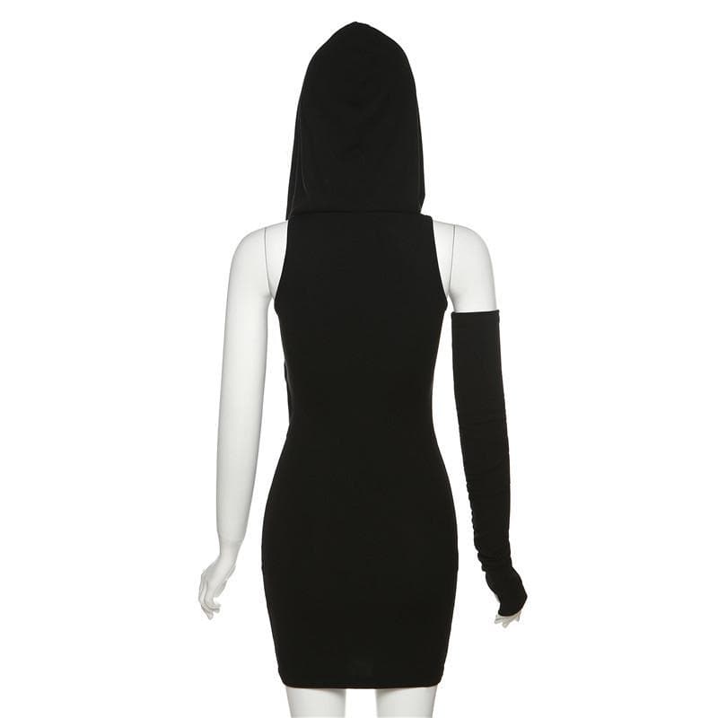 Rib Knit Hood Cowl Overlay Single Glove Sleeve Bodycon Mini Dress