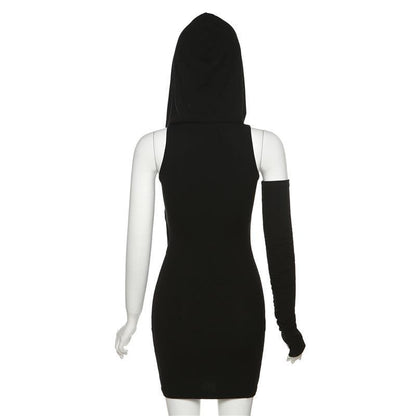 Rib Knit Hood Cowl Overlay Single Glove Sleeve Bodycon Mini Dress