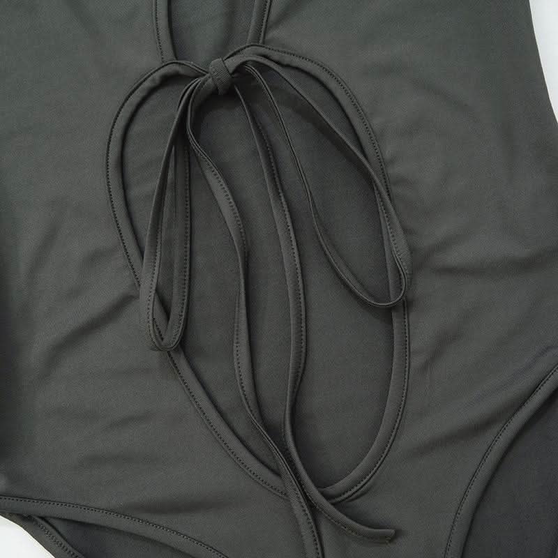 Hollow out long sleeve irregular self tie button bodysuit