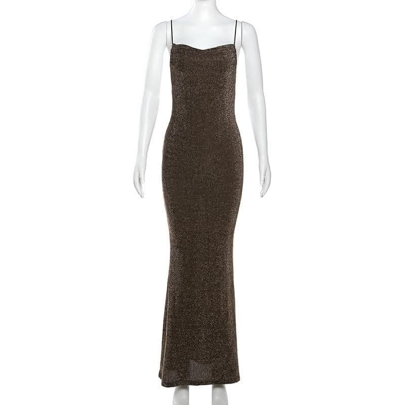 Textured spaghetti strap cowl neck backless maxi dress-final-sale