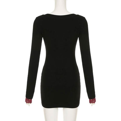 Long sleeve v neck butterfly metal buckle mini dress