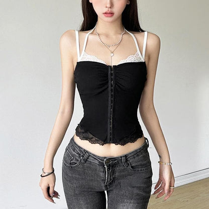 Halter lace hem button patchwork ribbed cami top