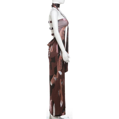 Print ruched backless hollow out tube cut out maxi dress