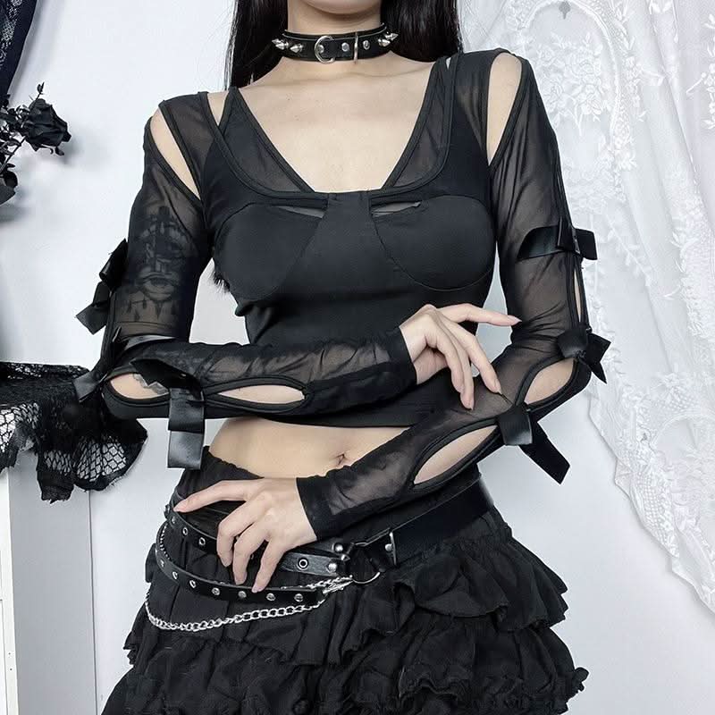 Long sleeve bowknot mesh v neck hollow out cut out top