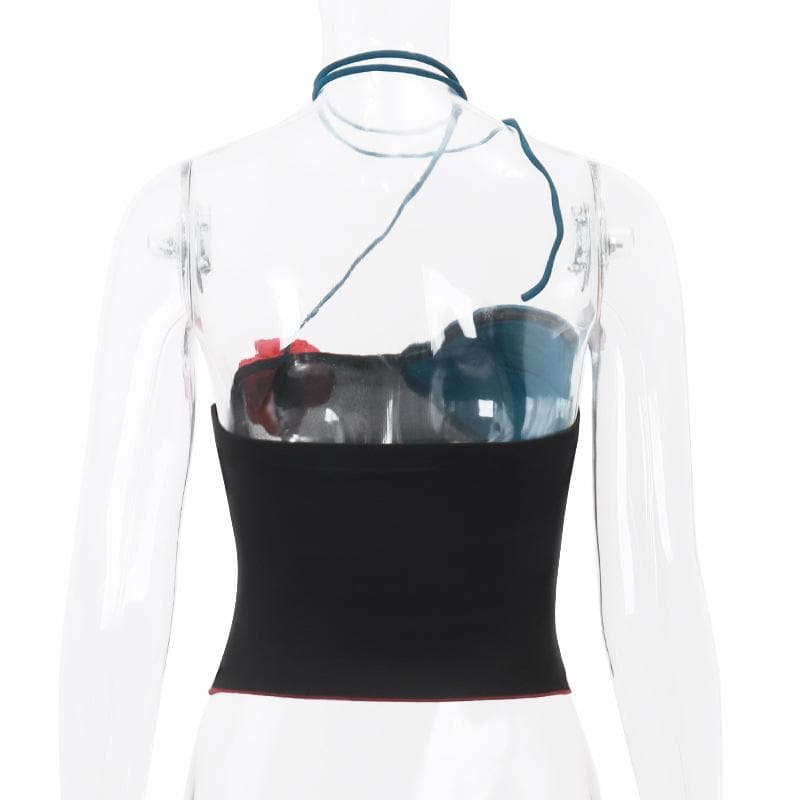 Flower applique patchwork irregular halter stitch crop top