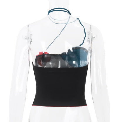 Flower applique patchwork irregular halter stitch crop top