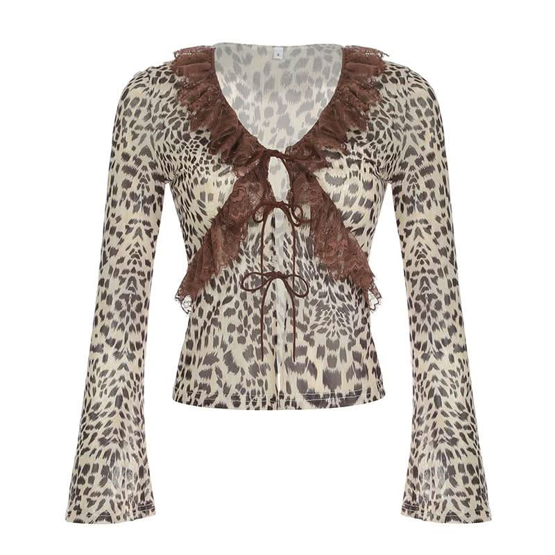 Long sleeve mesh lace hem leopard print self tie top