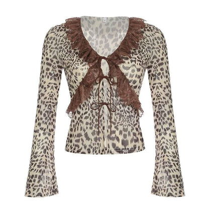 Long sleeve mesh lace hem leopard print self tie top