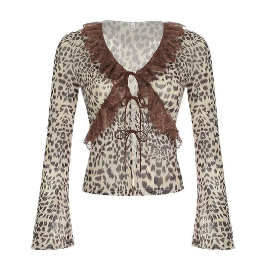 Long sleeve mesh lace hem leopard print self tie top