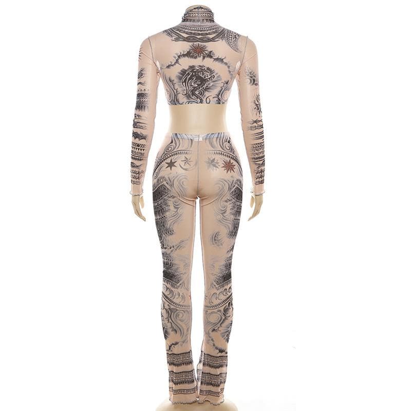 Long sleeve print high neck ruffle crop sheer mesh pant set
