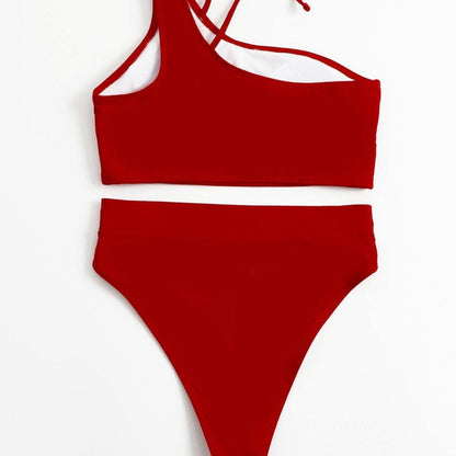 Hollow out high waisted one shoulder solid bikini