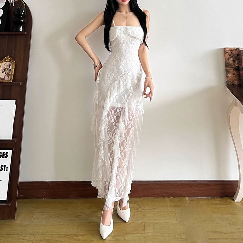 Square neck ruffle slit cami maxi dress