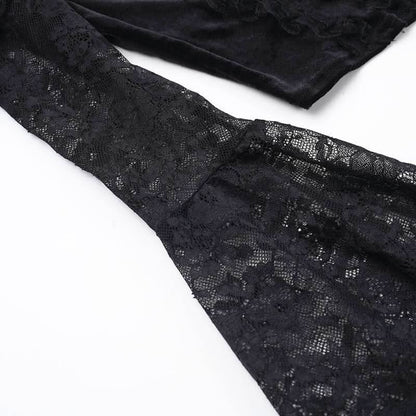Long flared off shoulder lace cross applique top