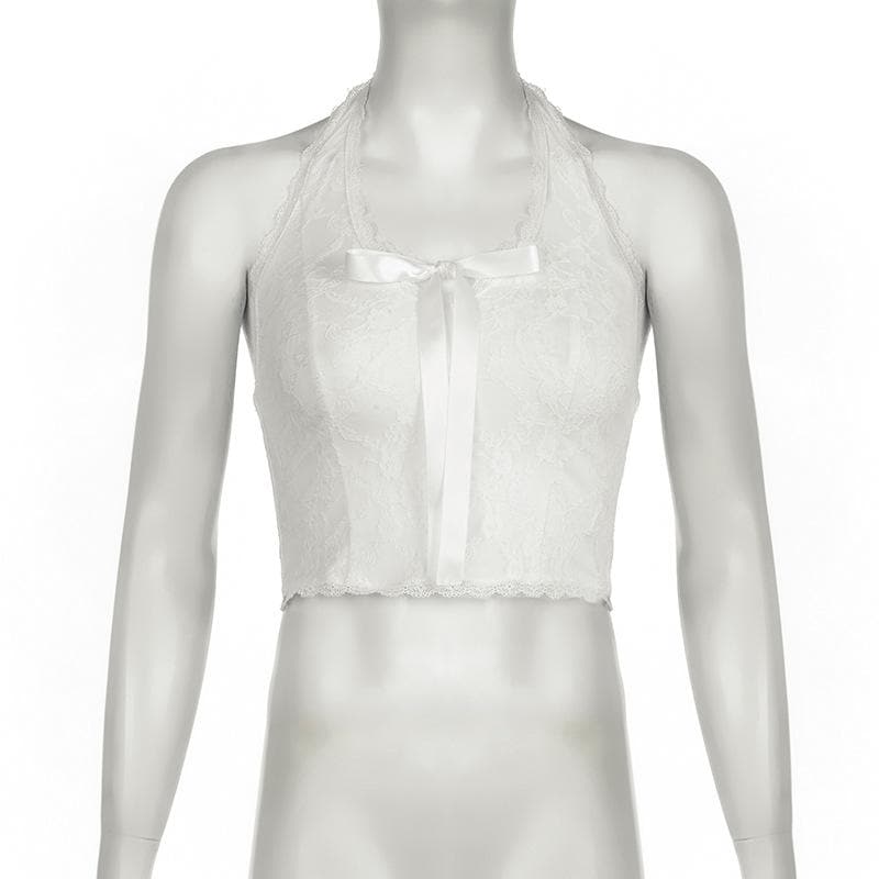 Halter bowknot ribbon lace backless top