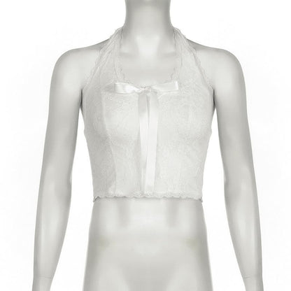 Halter bowknot ribbon lace backless top