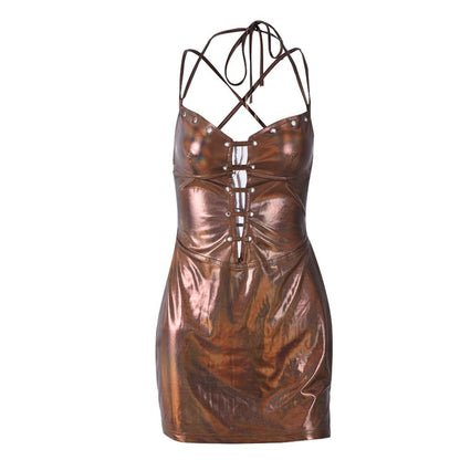 Halter lace up metallic v neck cami mini dress