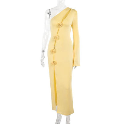 Irregular high slit flower applique long sleeve maxi dress