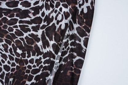 Leopard print cowl neck high slit backless cami maxi dress