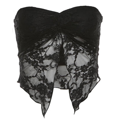 Lace ruched slit ruffle solid tube top