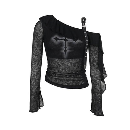 Off shoulder long sleeve ruffle cross pattern buckle top