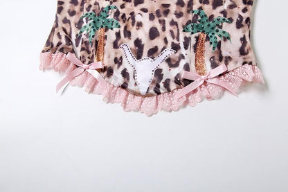 Bowknot leopard print lace hem backless tube top