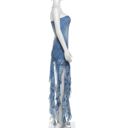 Plaid print tassels backless contrast tube mini dress