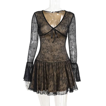 V neck long sleeve lace bowknot mini dress