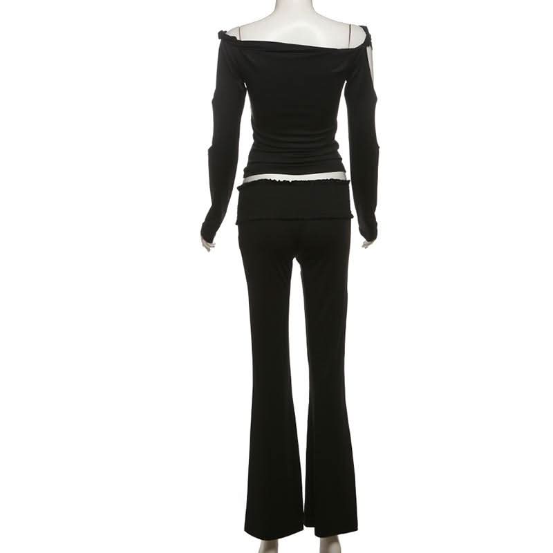 Long sleeve hollow out off shoulder smocked pant set