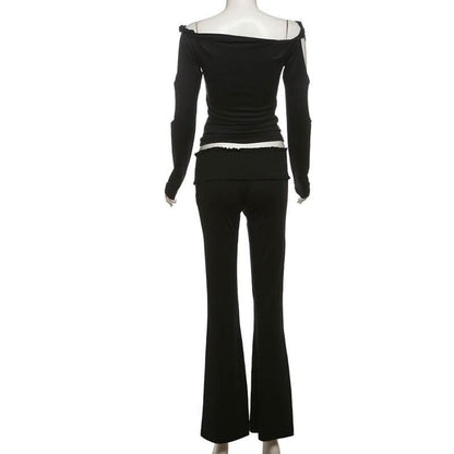 Long sleeve hollow out off shoulder smocked pant set