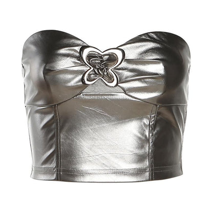 Solid metallic sleeveless zip-up hollow out buckle tube cut out top