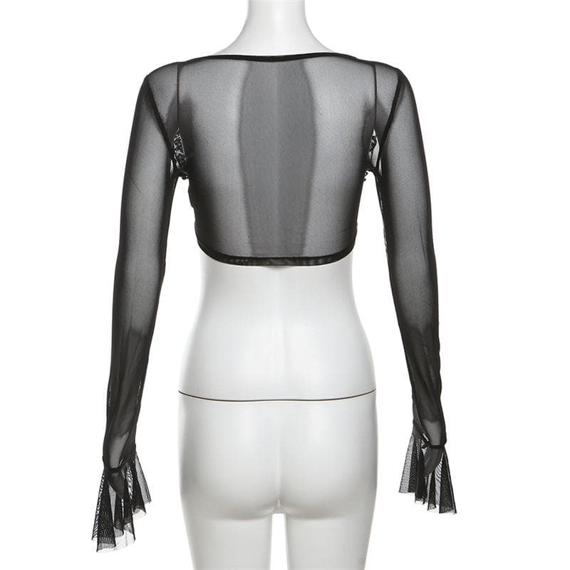 Long flared sleeve mesh see through lace up crop top