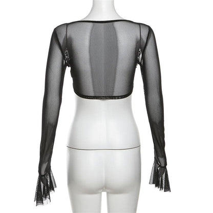 Long flared sleeve mesh see through lace up crop top