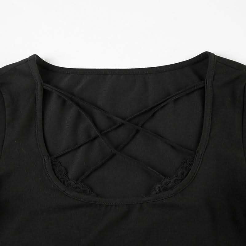 Cross front lace hem long sleeve hollow out cut out top