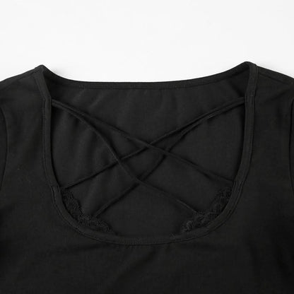 Cross front lace hem long sleeve hollow out cut out top