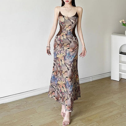 U neck metal chain butterfly print cami maxi dress
