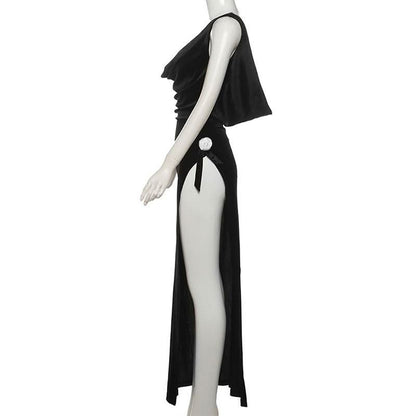 Cowl neck velvet backless slit bowknot applique maxi dress