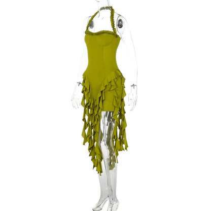 Halter ruffle backless midi dress