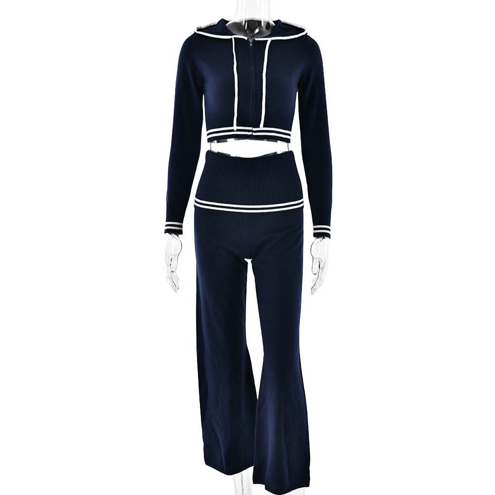 Long sleeve hoodie knitted zip-up high rise pant set