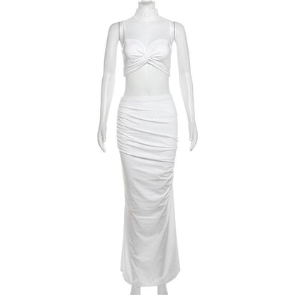 Knotted solid high neck mesh sleeveless ruched maxi skirt set-final-sale