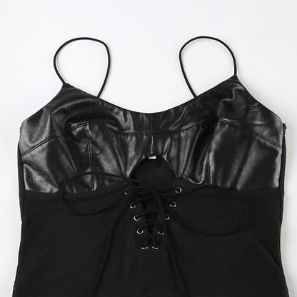 PU leather patchwork lace up cami top