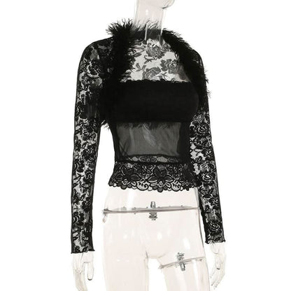 Long sleeve fluffy shrug lace tube 2 piece top
