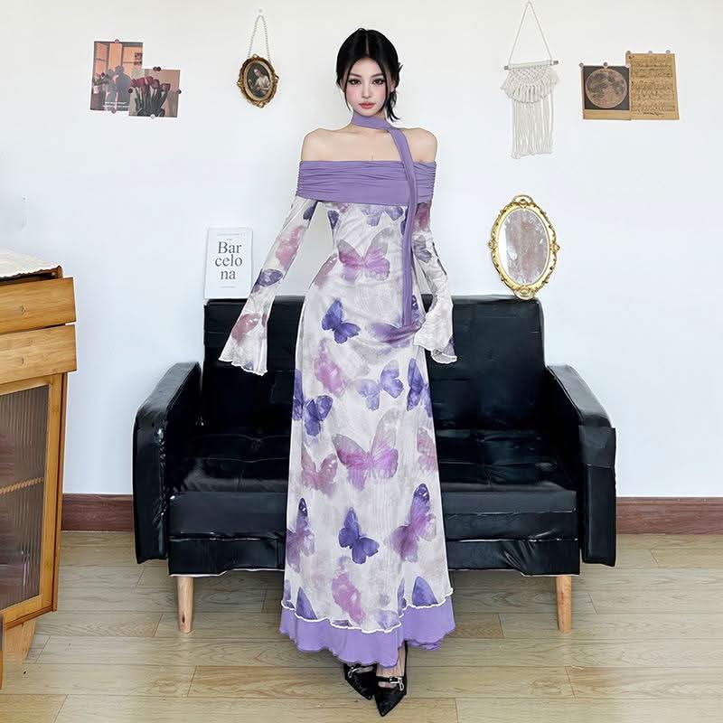 Off shoulder long flared sleeve butterfly print mesh maxi dress