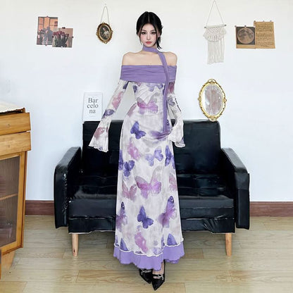 Off shoulder long flared sleeve butterfly print mesh maxi dress