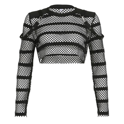 Hollow out long sleeve fishnet see through buckle solid crop cut out top