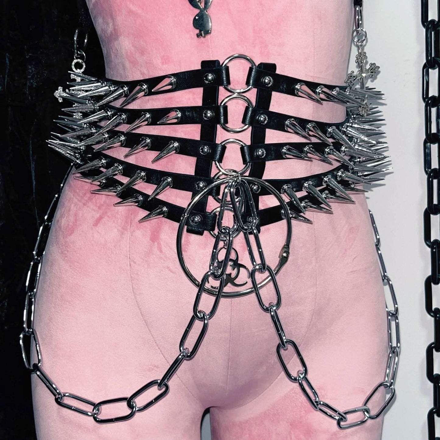 PU leather rivet o ring waist chain
