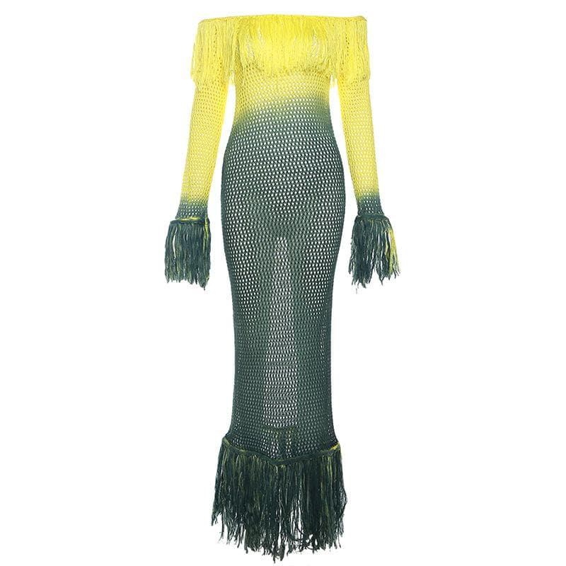 Crochet tassels off shoulder contrast long sleeve maxi dress-final-sale