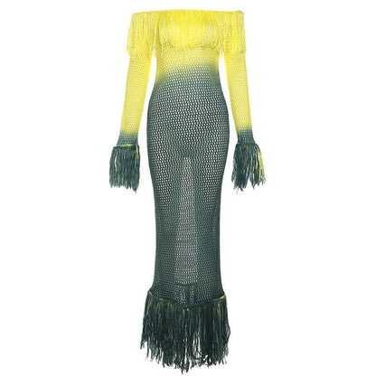 Crochet tassels off shoulder contrast long sleeve maxi dress-final-sale